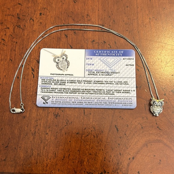 Sterling Silver 14K Gold Diamond Owl Pendant Box Chain Necklace - Picture 2 of 10